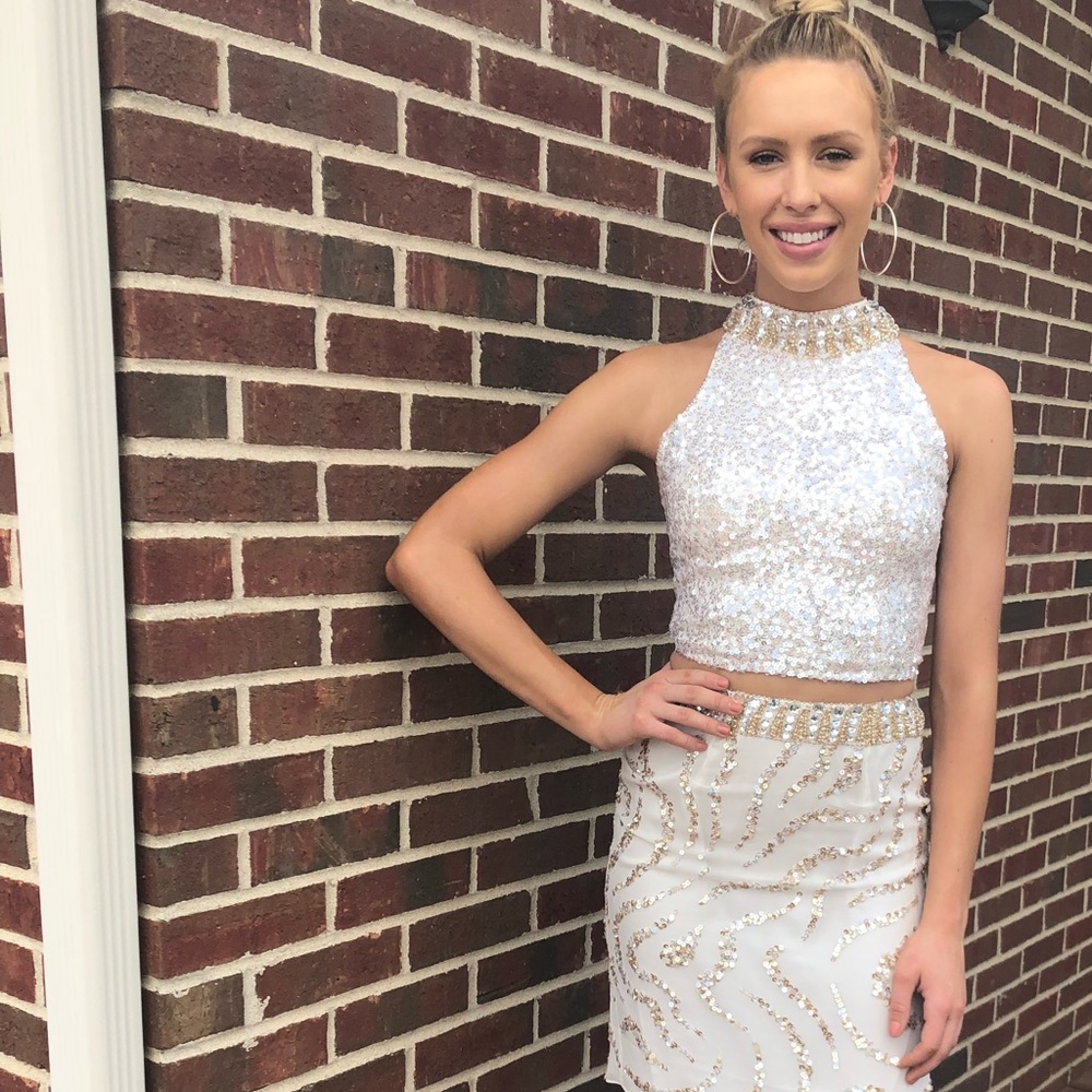 White beaded and sequin two piece cocktail dress